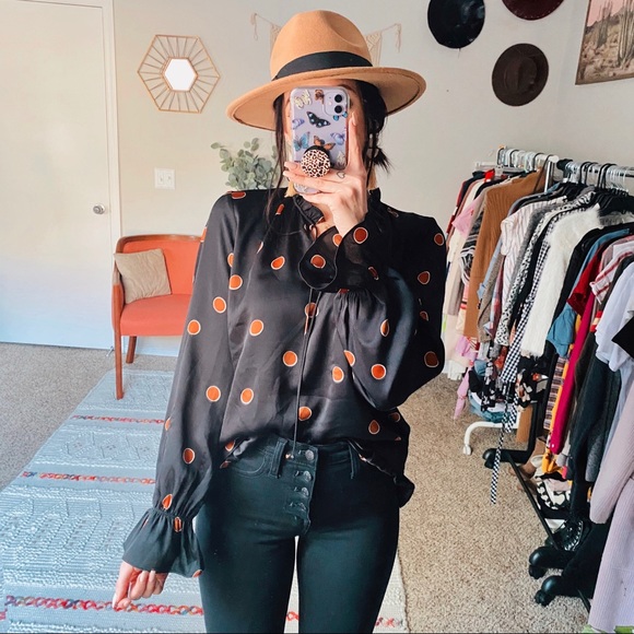 Anthropologie Tops - Anthro Matison Stone Polka Dot Ruffle Blouse